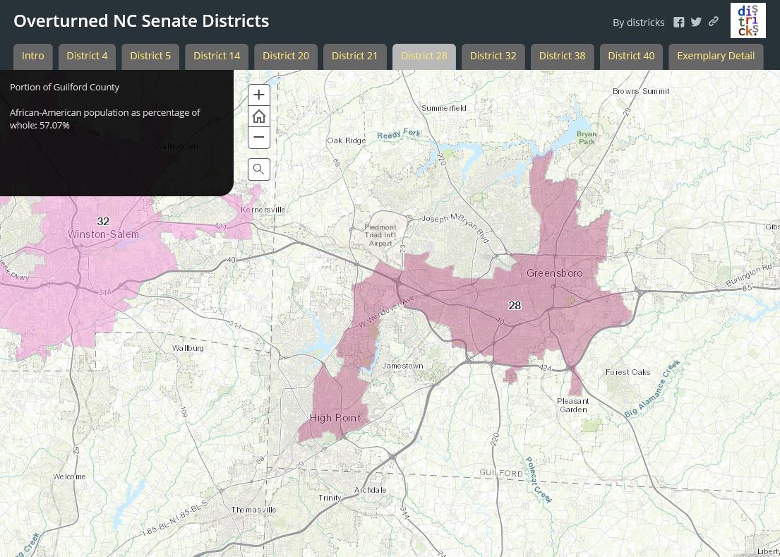 Screen Grab of Interactive Map showing the Overturned NC Senate Districts