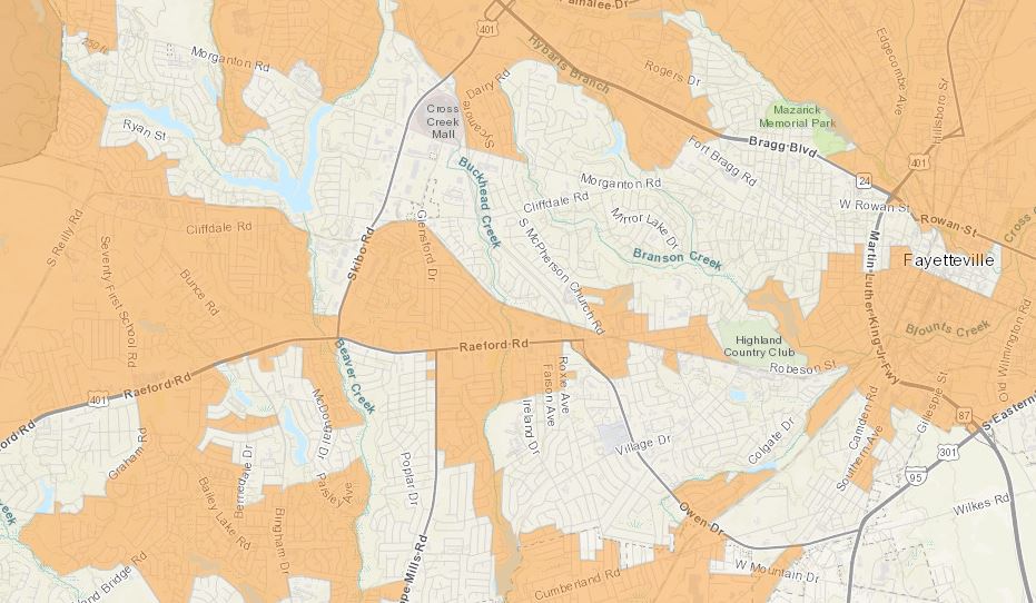 Detail of interactive Districks map showing Fayetteville area