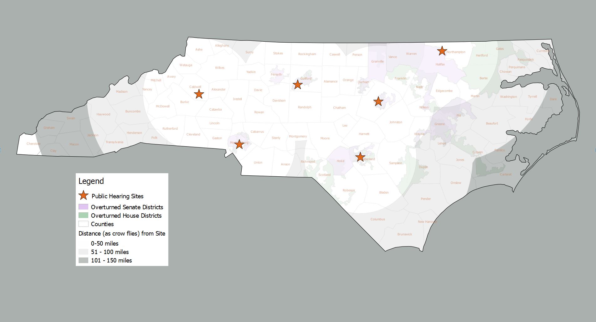 Distances in NC from public hearing sites