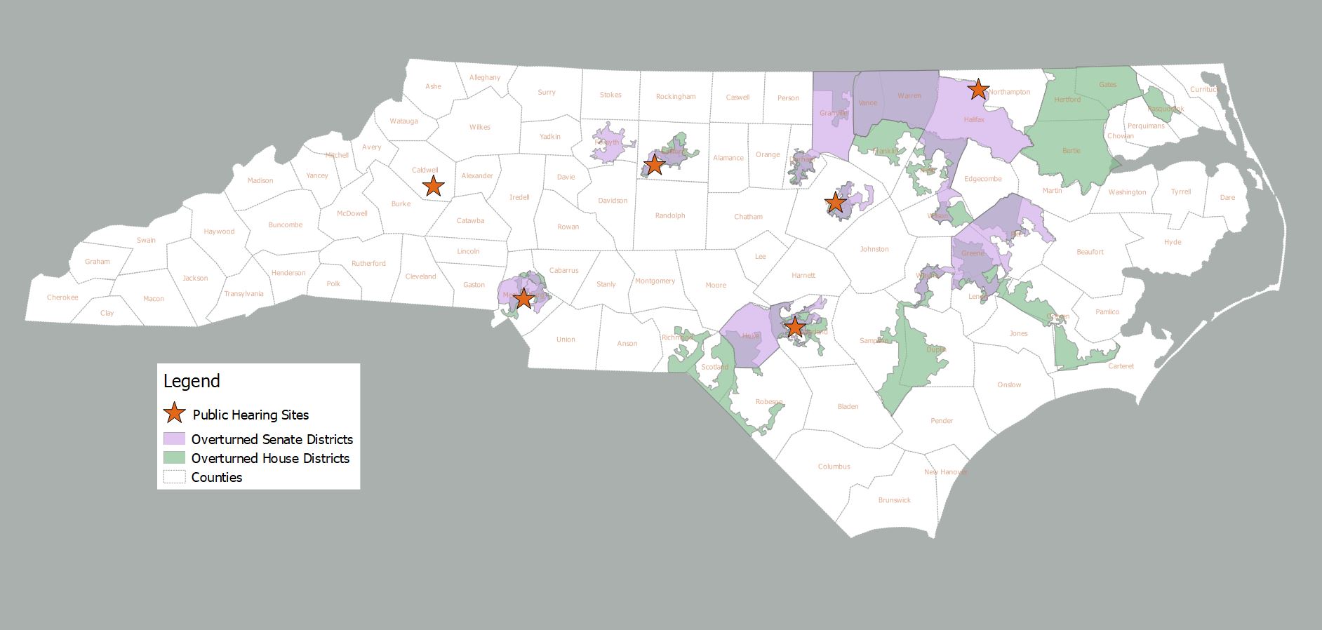 Map of public hearing sites and gerrymandered districts