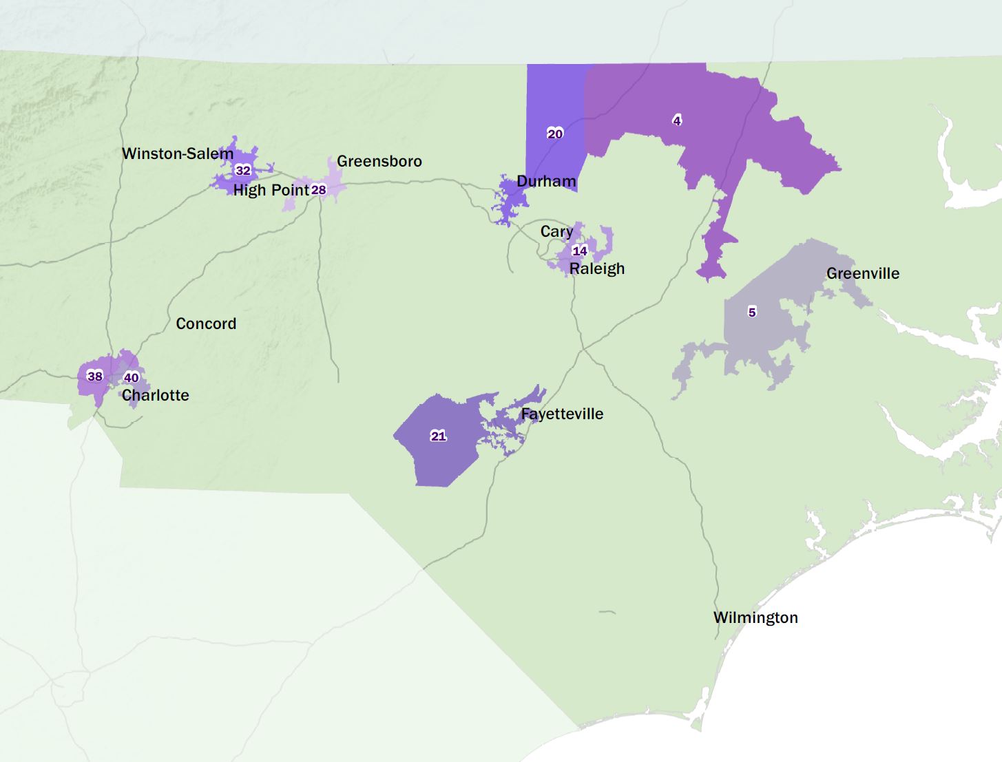 Map of NC Senate overturned racially gerrymandered legislative districts