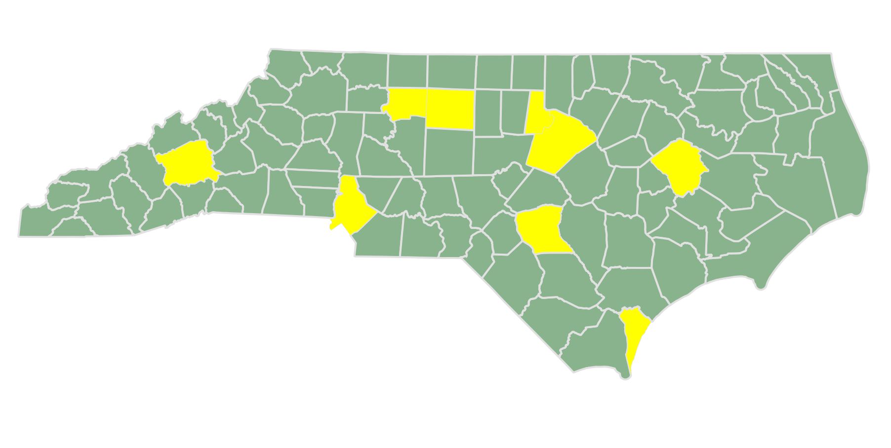 Simple map showing which counties are proposed to be divided into multiple District Court districts.