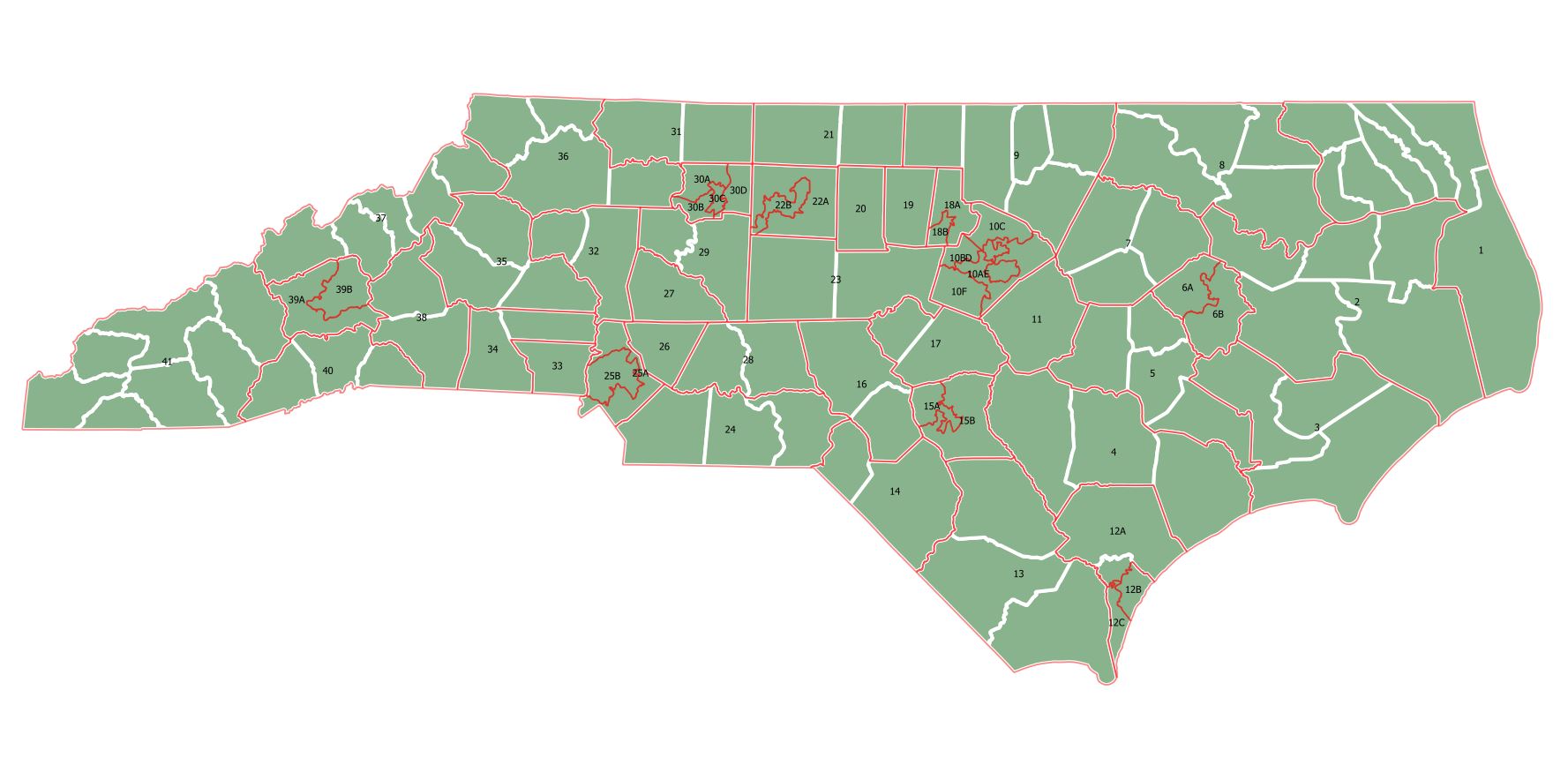 Map showing the proposed District Court districts in HB717, highlighting county divisions.