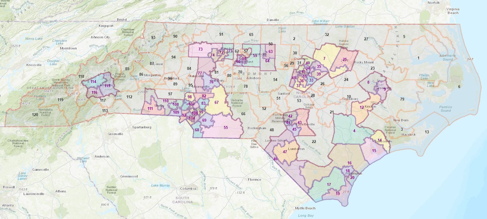 Interactive maps showing the new NC House and Senate districts.